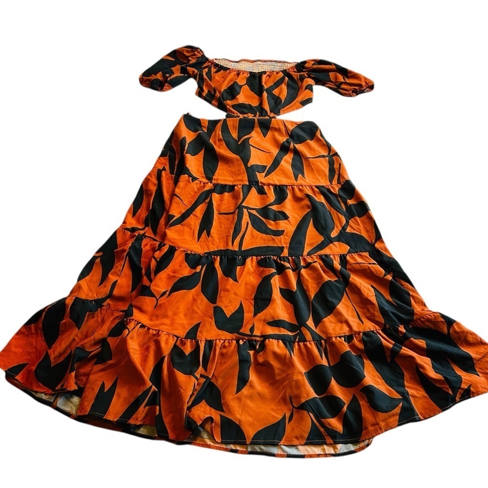 SHEIN Orange and Black Leaf Maxi Dress size large